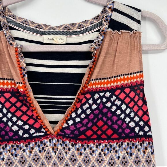 Anthropologie Meadow Rue V Neck Print Peplum Pom Pom Striped Sleeveless Tank Top - Picture 2 of 9